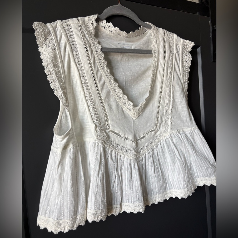 NWT Anthropologie Cream V-Neck Lace-Trim Cropped Peplum Blouse - Picture 2 of 5